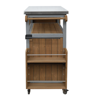 Foldable outdoor kitchen island cart by HouseOfZazla with gray frame and wood shelves on casters on Tampa Home & Garden Store