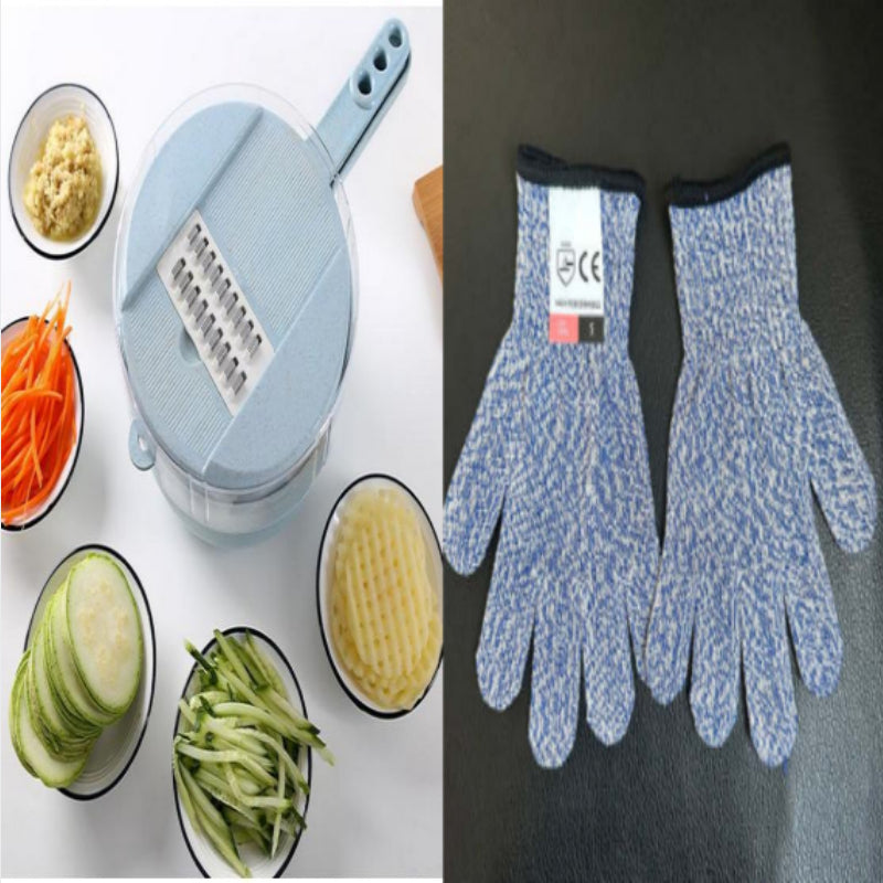 Perfecsy 8 in 1 mandoline slicer with blue body and blade attachments plus blue gloves on Tampa Home & Garden Store