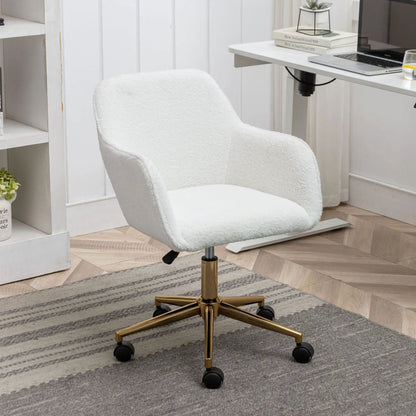 Modern adjustable height 360° revolving chair in white boucle with gold base and wheels on Tampa Home & Garden Store