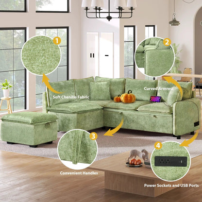 Sleeper sectional by Unique Piece Furniture in green chenille with storage ottoman and USB ports on Tampa Home & Garden Store