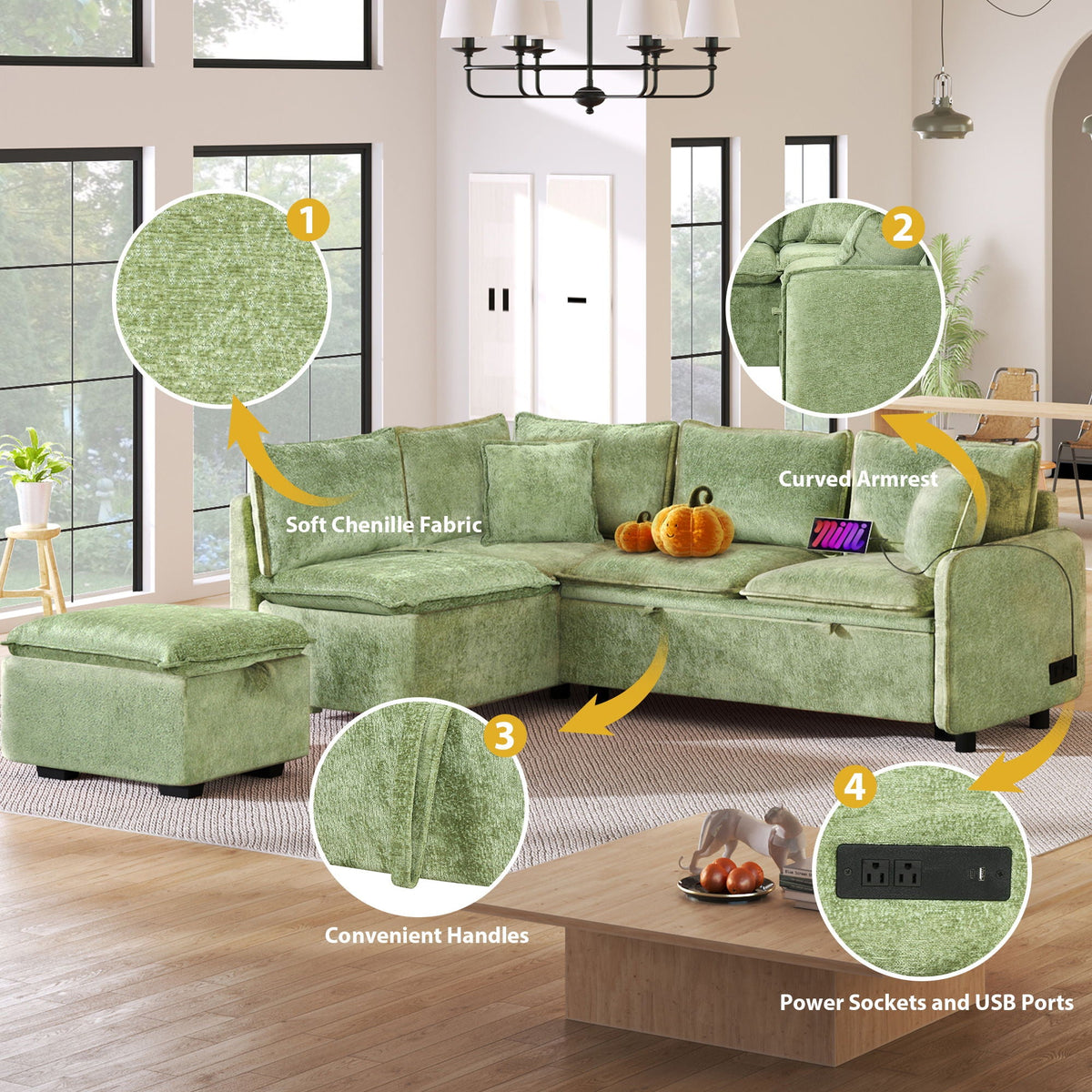 Sleeper sectional in green with storage ottoman, two pillows, USB ports and power sockets on Tampa Home & Garden Store