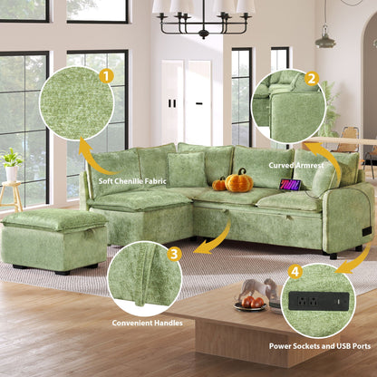 Sleeper sectional in green with storage ottoman, two pillows, USB ports and power sockets on Tampa Home & Garden Store