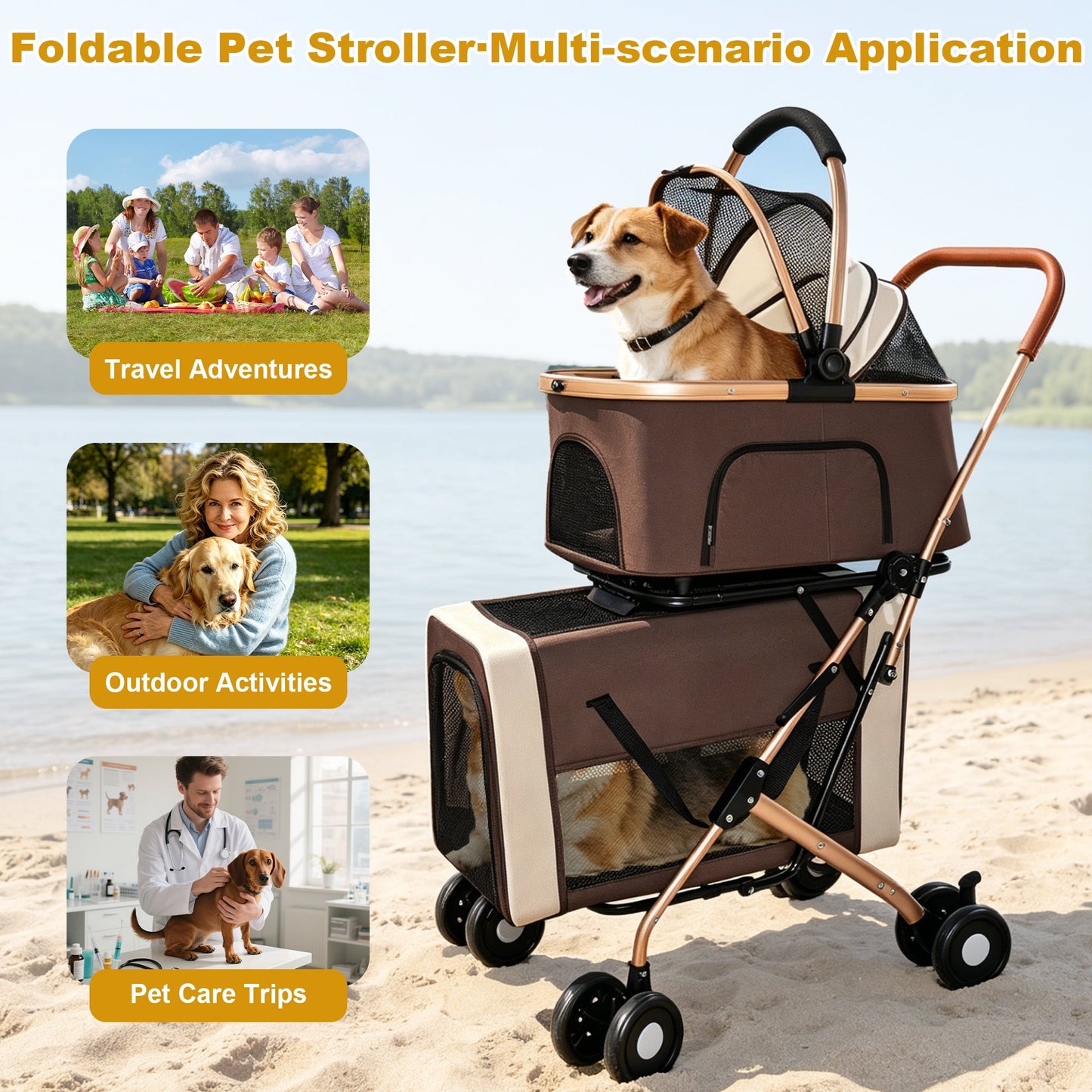 Foldable Double Pet Stroller by HouseOfZazla, brown mesh fabric for dogs and cats on Tampa Home & Garden Store