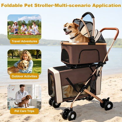 Foldable Double Pet Stroller by HouseOfZazla, brown mesh fabric for dogs and cats on Tampa Home & Garden Store