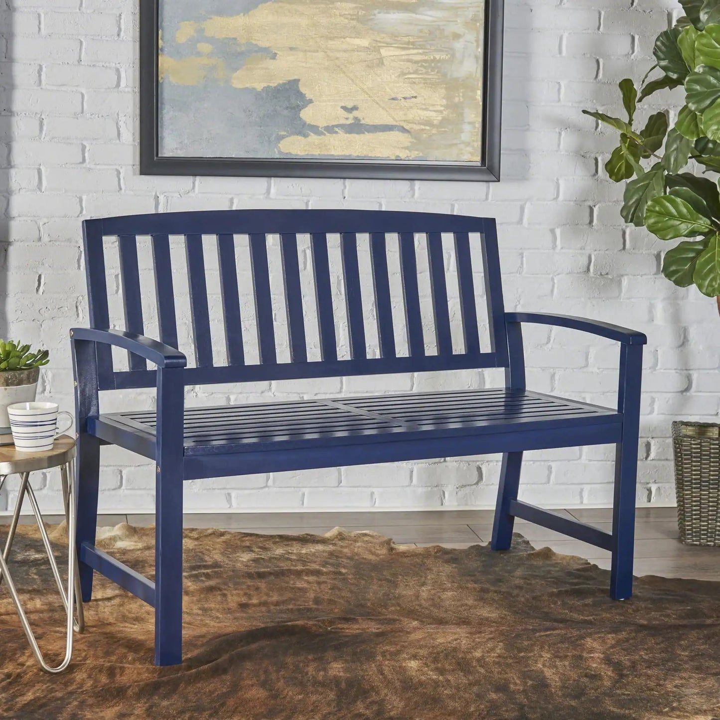 Farmhouse Style Loja Bench Indoor Outdoor navy blue metal with slatted seat by HouseOfZazla on Tampa Home & Garden Store