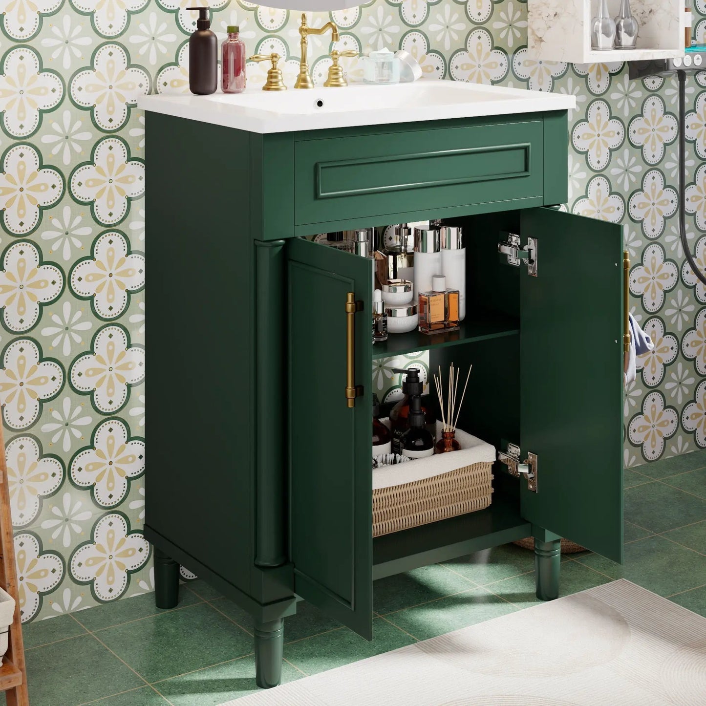 Bathroom vanity with integrated sink, green cabinet, white top, faucet, Unique Piece Furniture on Tampa Home & Garden Store