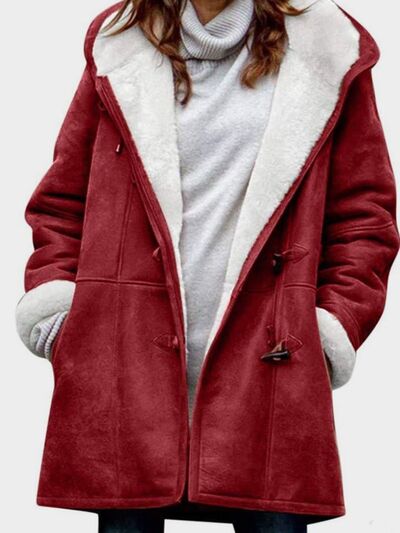Full Size Hooded Toggle Jacket by Stevvex in red with white shearling lining and pockets on Tampa Home & Garden Store