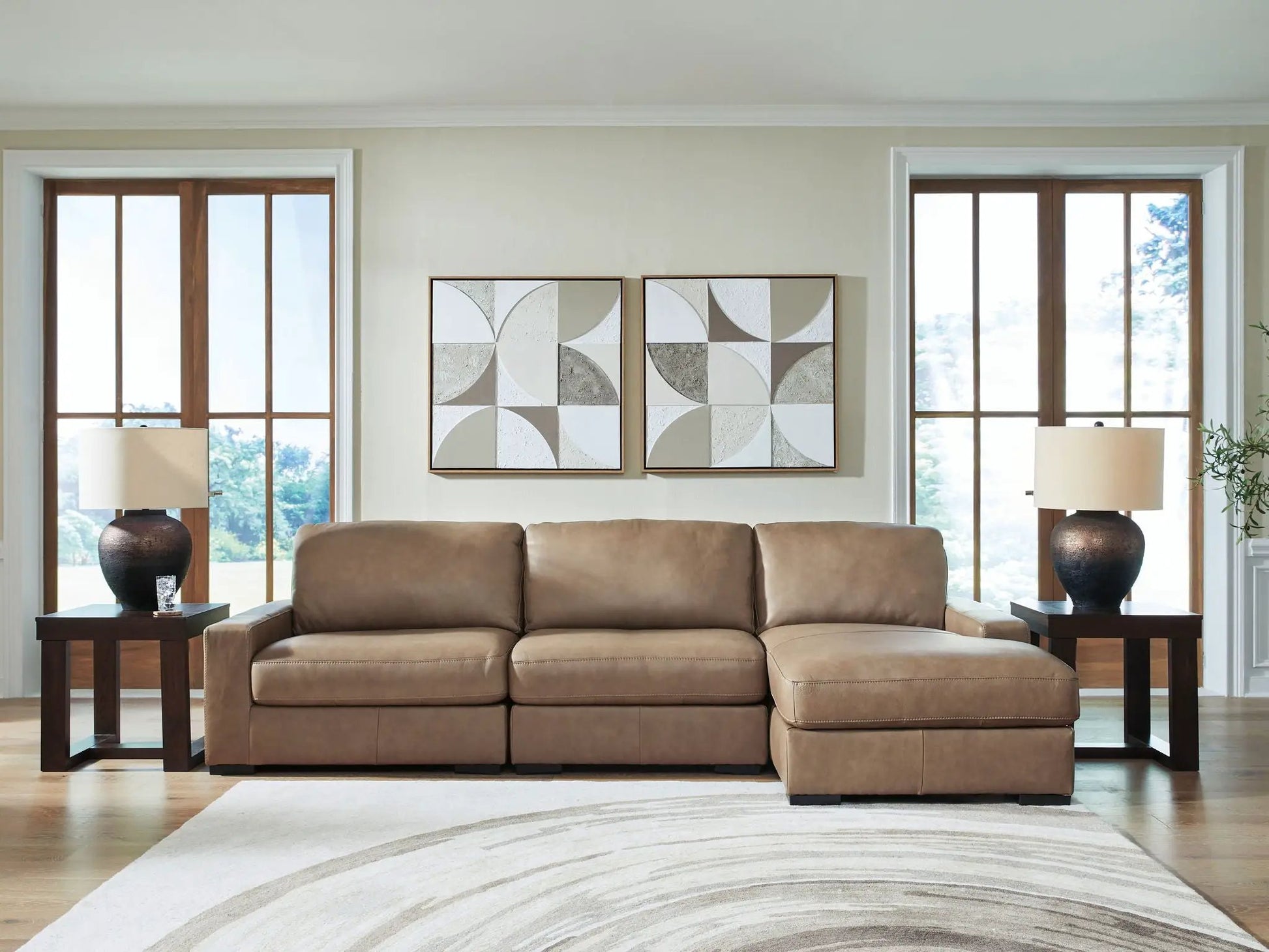 Veronella Sectional by Unique Piece Furniture, tan leather-style stationary sofa in bright living room on Tampa Home & Garden Store