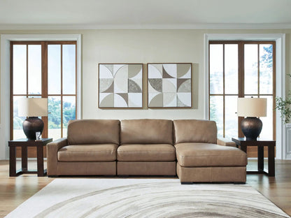 Veronella Sectional by Unique Piece Furniture, tan leather-style stationary sofa in bright living room on Tampa Home & Garden Store