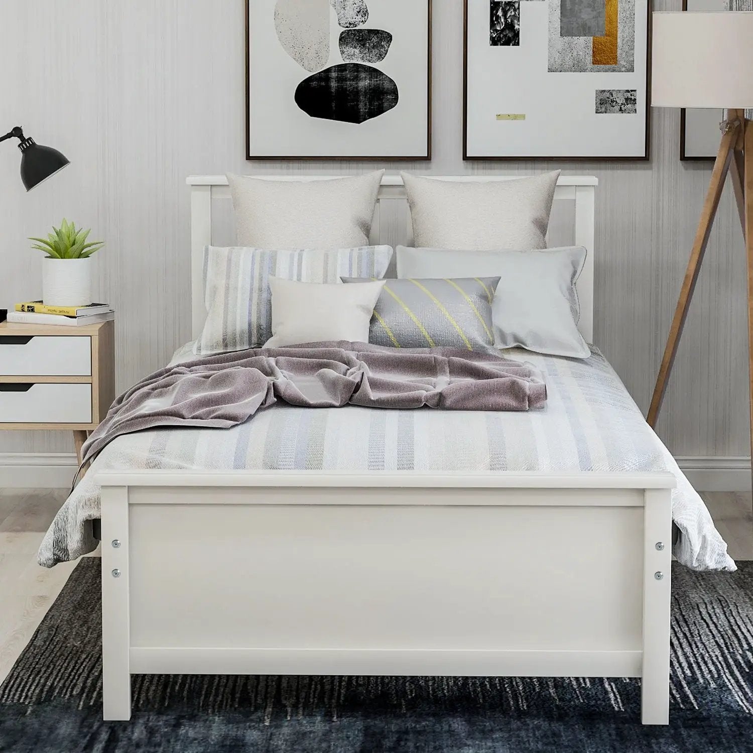 Platform bed with white finish, headboard and footboard, wood slat support, neutral bedding on Tampa Home & Garden Store
