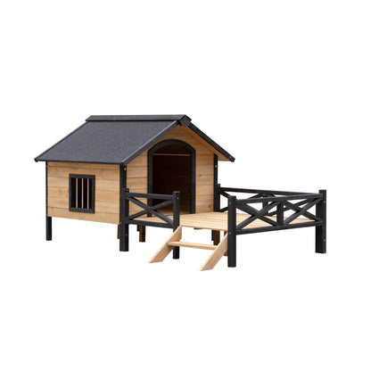 Outdoor wooden cabin-style dog kennel with porch and ramp, natural wood with black trim, HouseOfZazla on Tampa Home & Garden Store