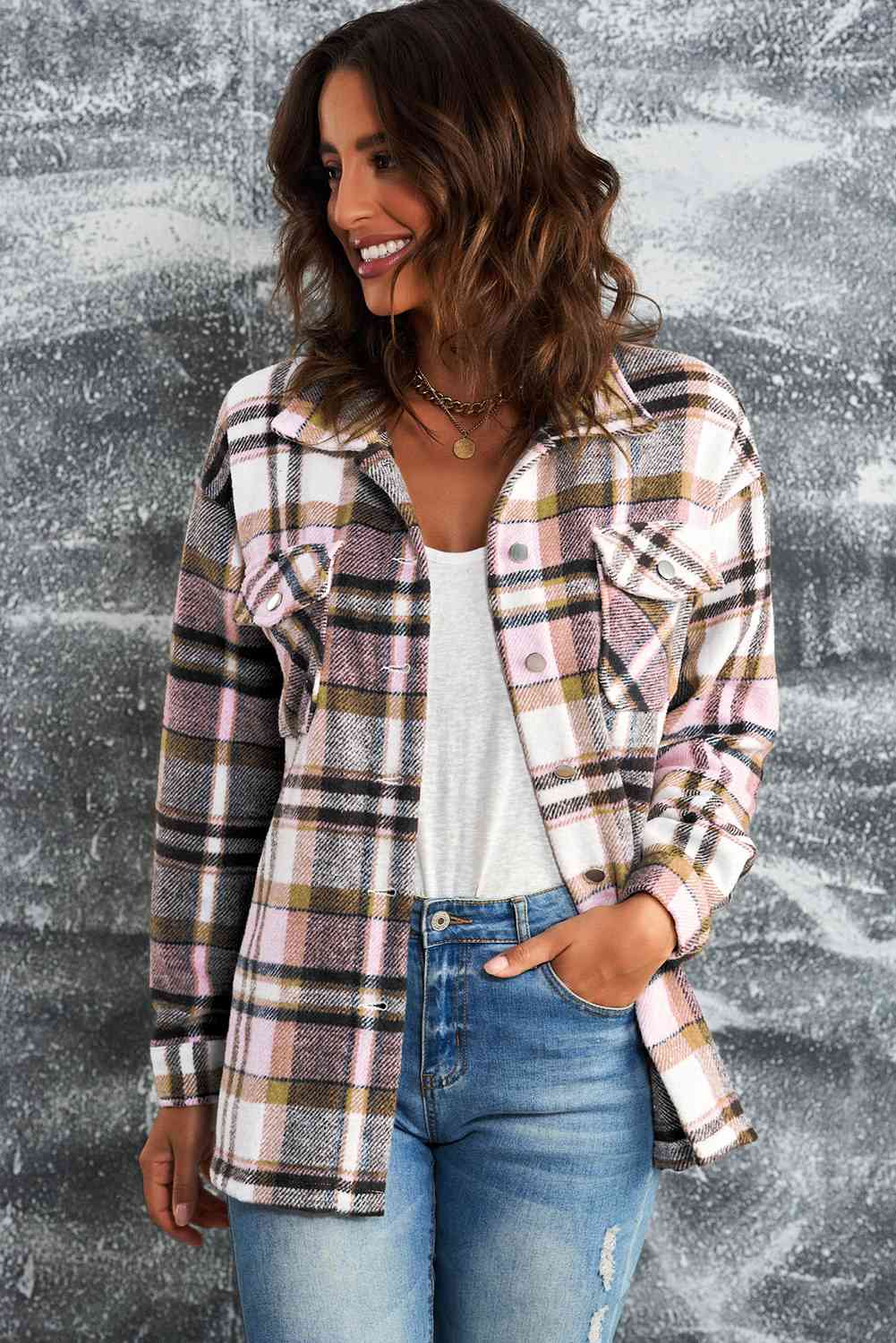 Stevvex pink beige plaid button-front shirt jacket with breast pockets casual outerwear on Tampa Home & Garden Store