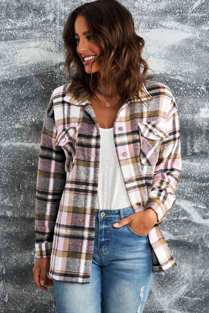 Stevvex pink beige plaid button-front shirt jacket with breast pockets casual outerwear on Tampa Home & Garden Store