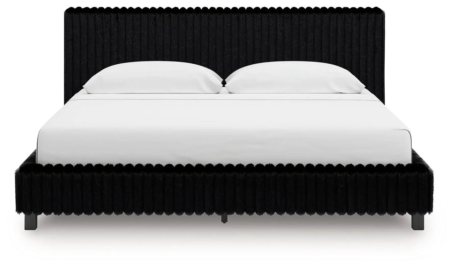 Zuraleus upholstered bed by Unique Piece Furniture with black faux fur frame and headboard on Tampa Home & Garden Store