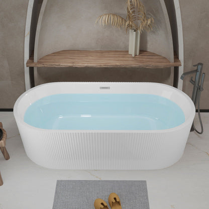 Modern double-wall freestanding soaker tub with white ribbed exterior and oval shape on Tampa Home & Garden Store