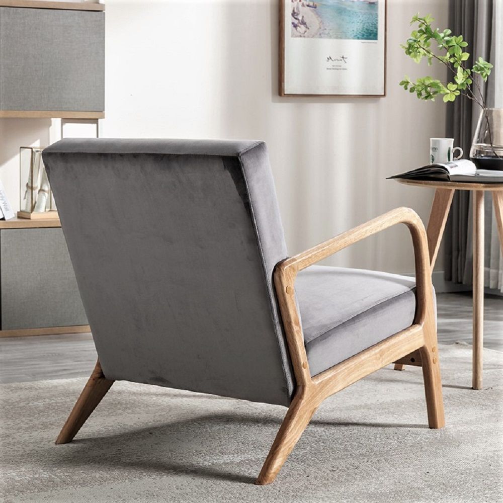 HouseOfZazla Classic Mid-Century Modern Accent Chair with open wooden frame and gray cushion on Tampa Home & Garden Store