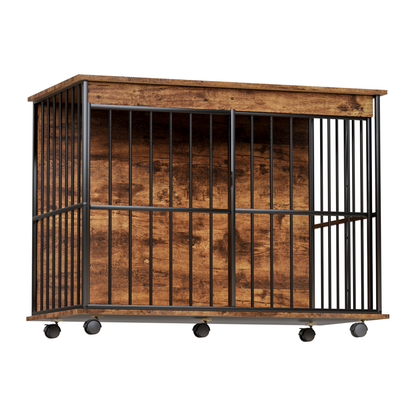 Large Wooden Dog Crate Furniture by HouseOfZazla with black metal bars and wheeled base on Tampa Home & Garden Store