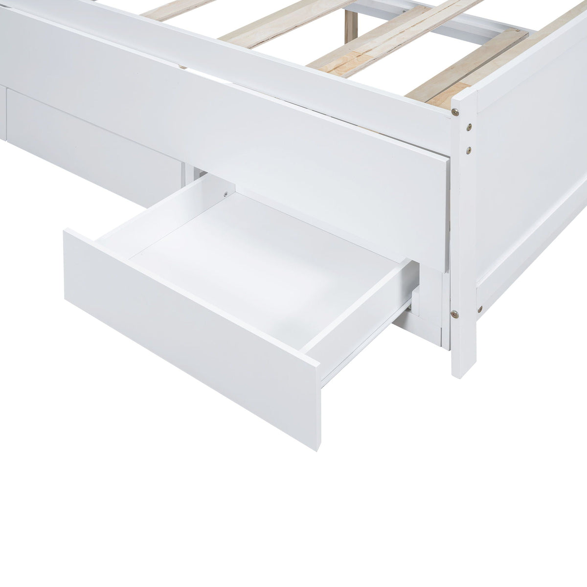 White full-size platform bed with three under-bed drawers and wood slat support, HouseOfZazla on Tampa Home & Garden Store
