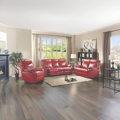 Contemporary three seater sofa and red leather reclining chairs in a bright living room on Tampa Home & Garden Store