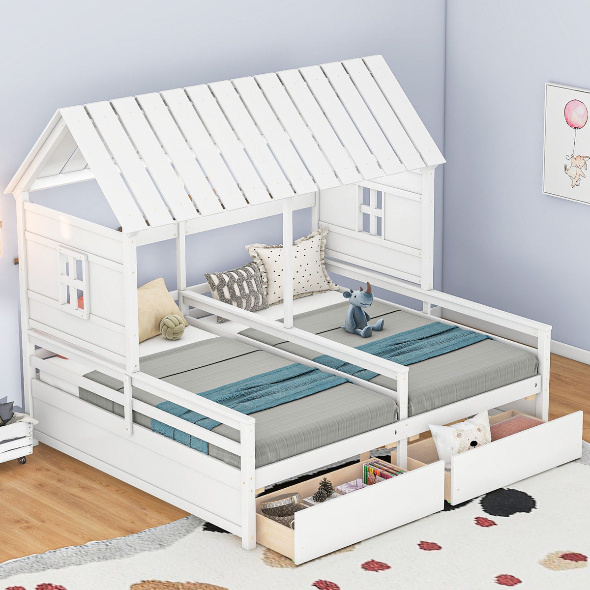 White house-shaped platform beds with 2 side-by-side drawers, HouseOfZazla storage bed on Tampa Home & Garden Store