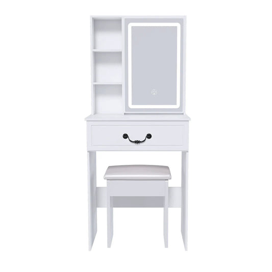 Modern mini dressing table white with LED-lit mirror and hidden storage, left shelves on Tampa Home & Garden Store