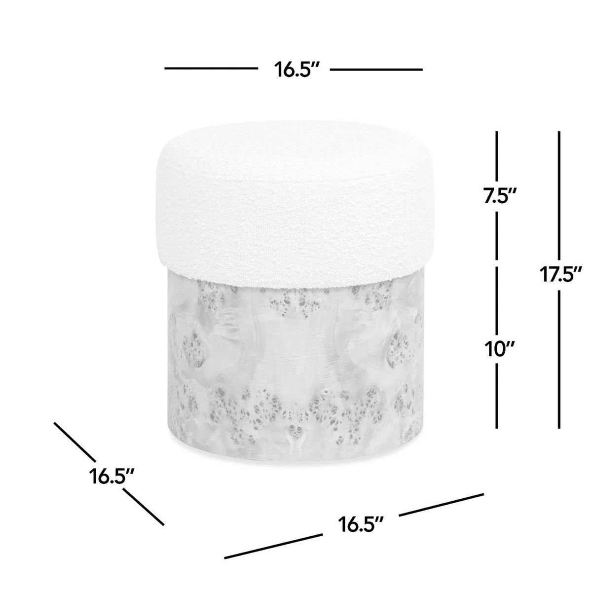 Round Upholstered Ottoman Boucle Texture White by HouseOfZazla, marble-like base on Tampa Home & Garden Store