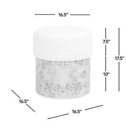 Round Upholstered Ottoman Boucle Texture White by HouseOfZazla, marble-like base on Tampa Home & Garden Store