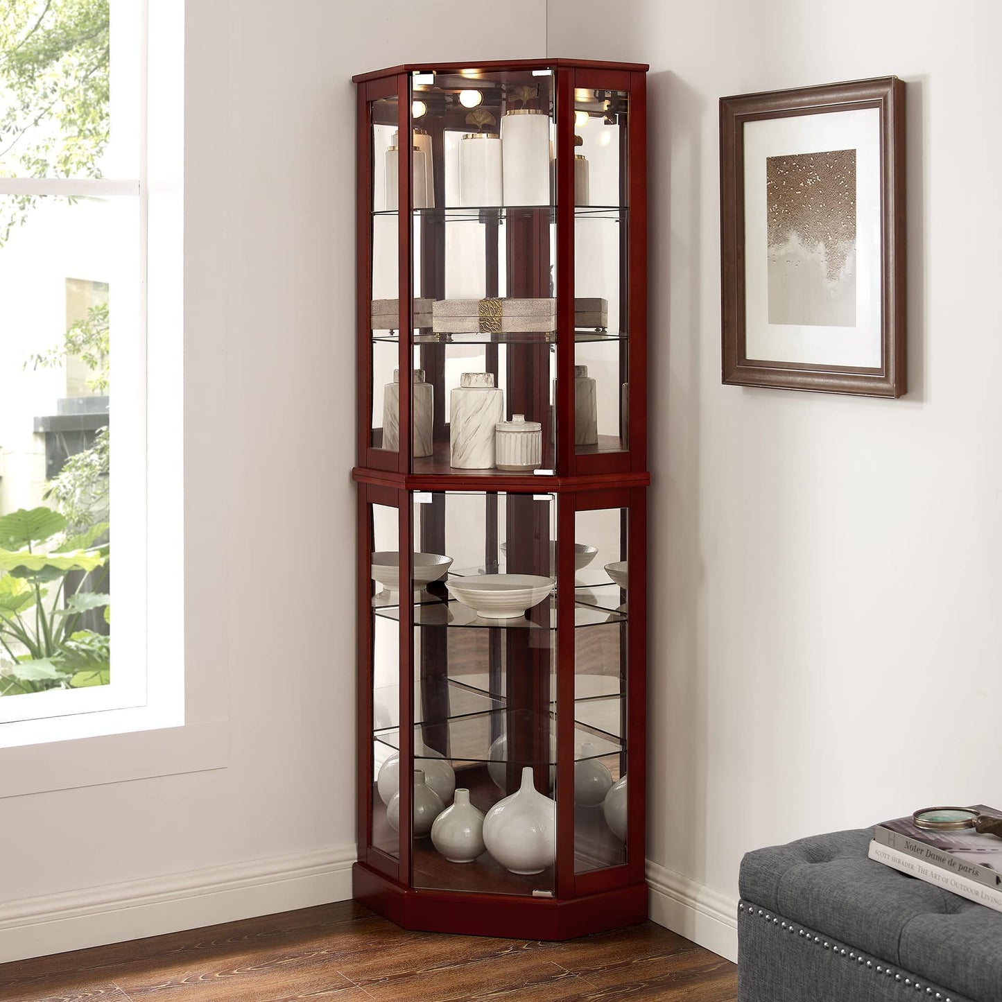 6-shelf corner curio cabinet in dark mahogany with glass doors and built-in lights on Tampa Home & Garden Store