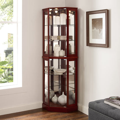 6-shelf corner curio cabinet in dark mahogany with glass doors and built-in lights on Tampa Home & Garden Store
