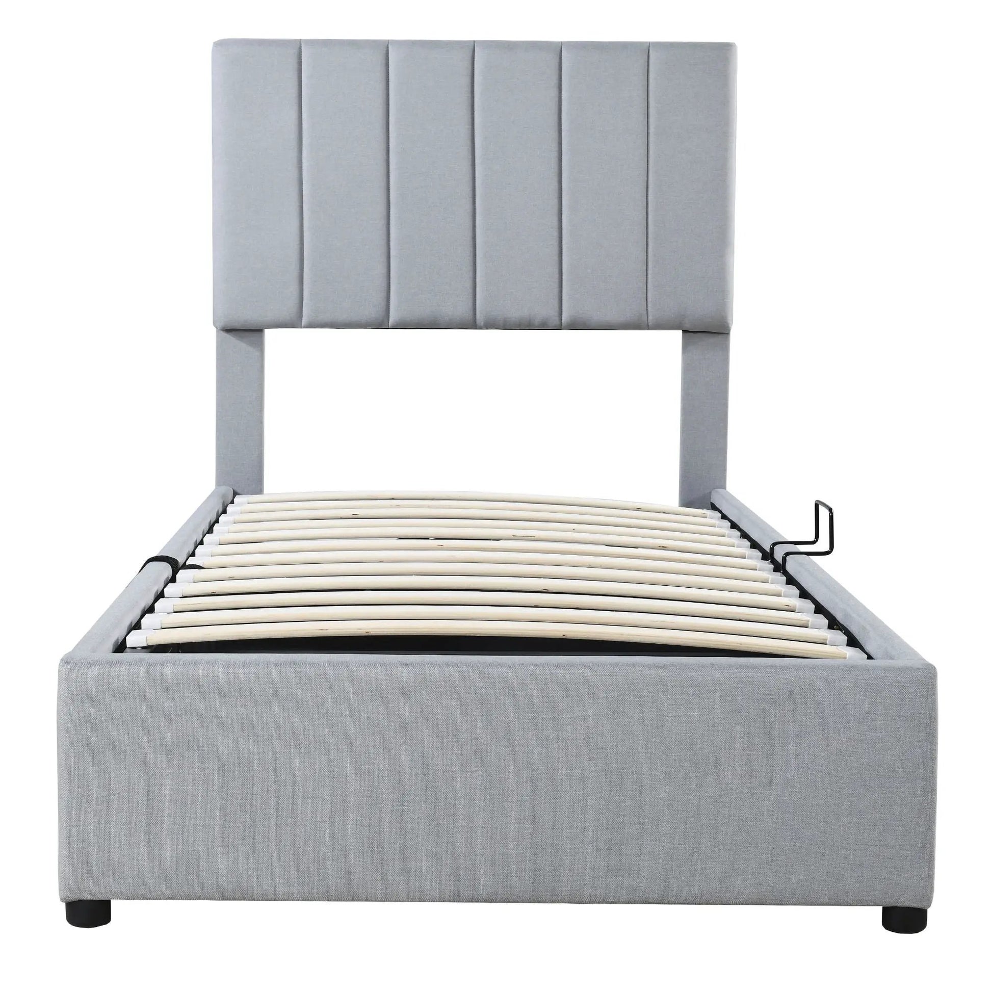 Upholstered platform bed with hydraulic storage in light gray fabric on Tampa Home & Garden Store