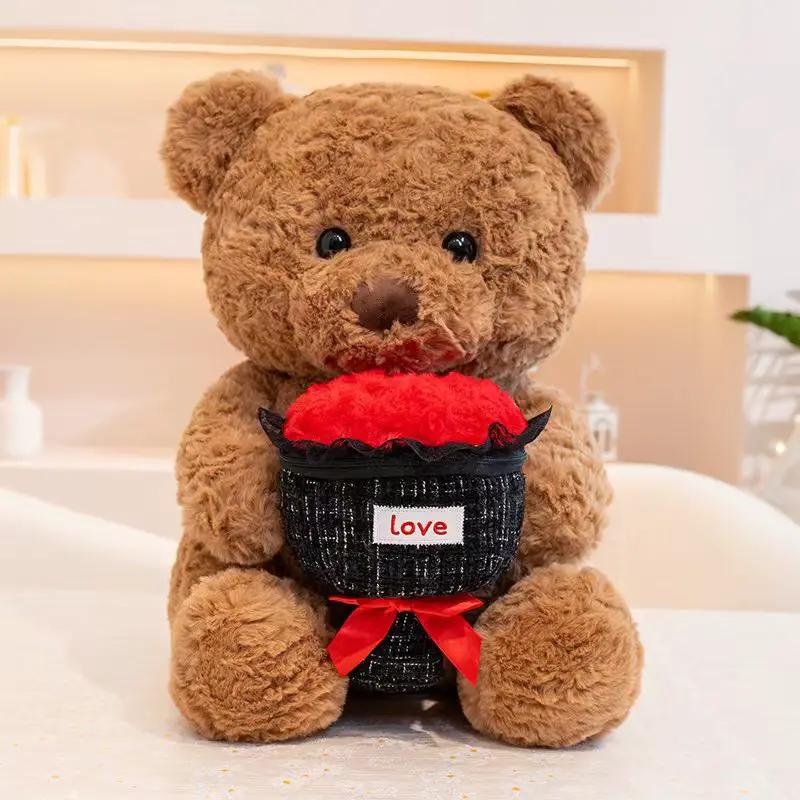 Brown plush teddy bear holding red heart in black bucket with love tag by FLIPSTYLEZLLC on Tampa Home & Garden Store