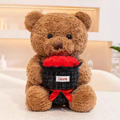 Brown plush teddy bear holding red heart in black bucket with love tag by FLIPSTYLEZLLC on Tampa Home & Garden Store