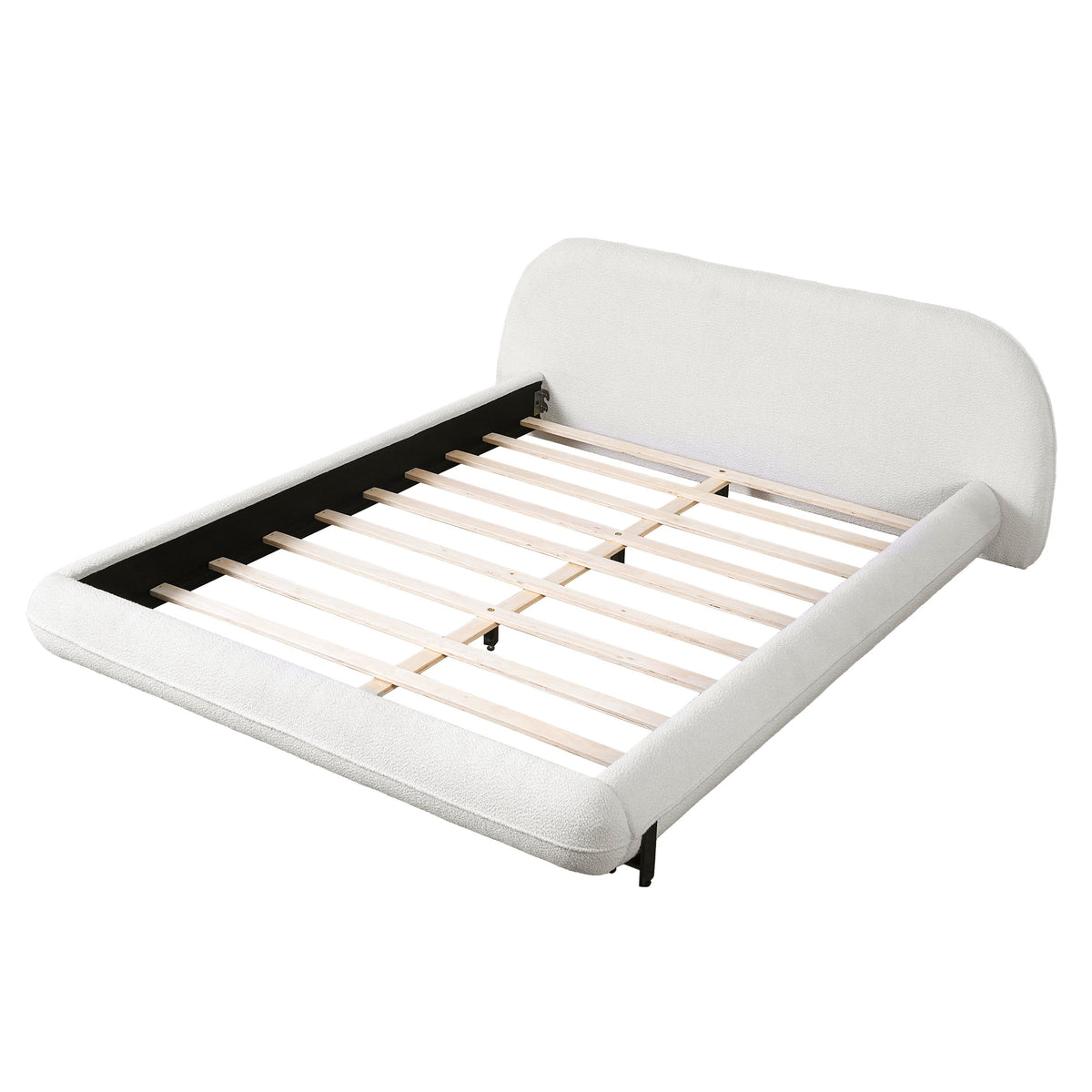 Queen size upholstered bed frame in light boucle fabric with wood slats and steel legs on Tampa Home & Garden Store