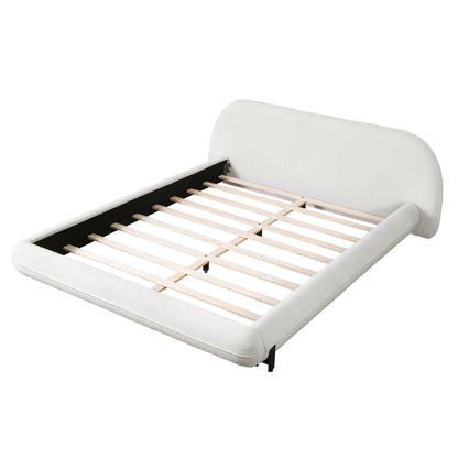 Queen size upholstered bed frame in light boucle fabric with wood slats and steel legs on Tampa Home & Garden Store