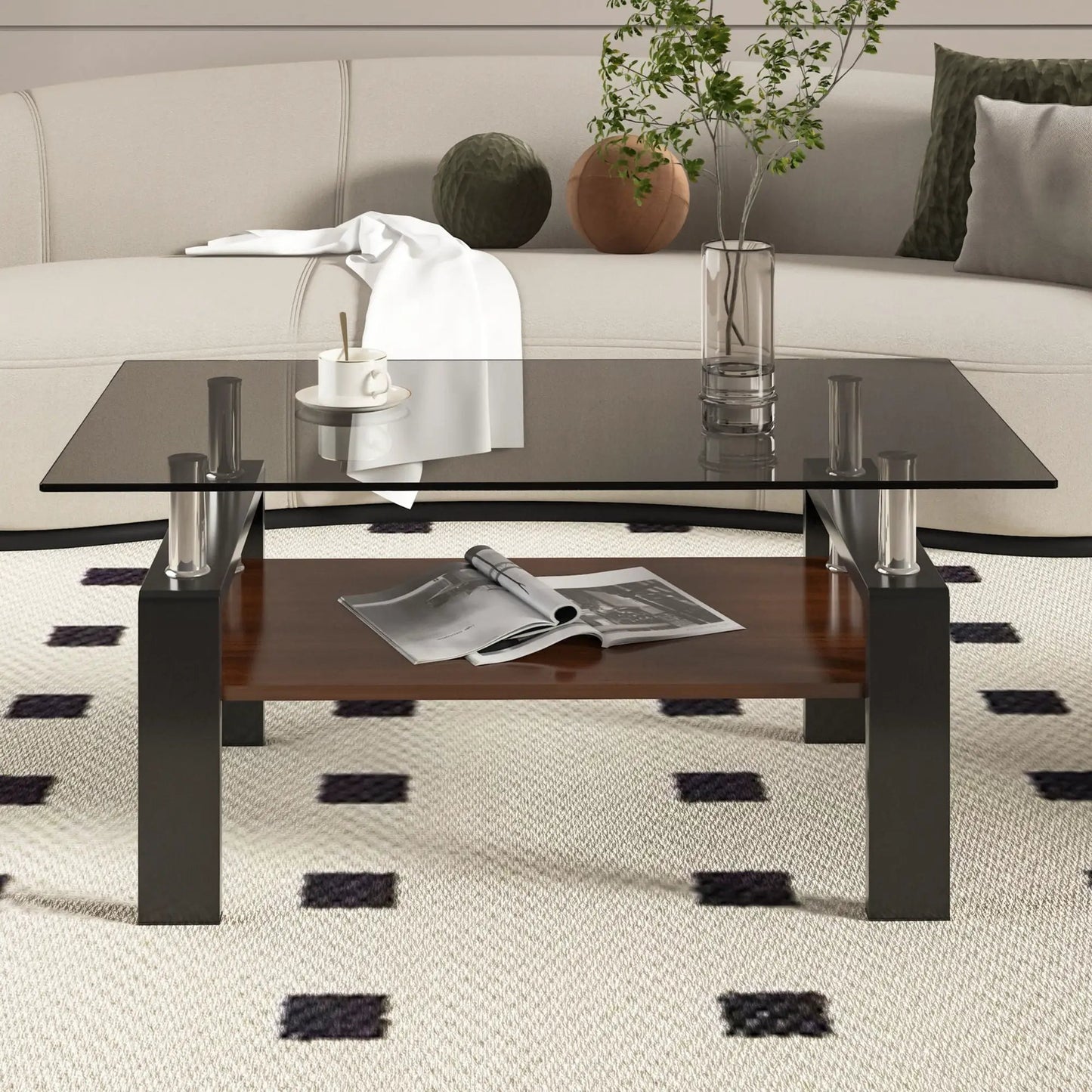 Rectangular Coffee Table With Tempered Glass Top
