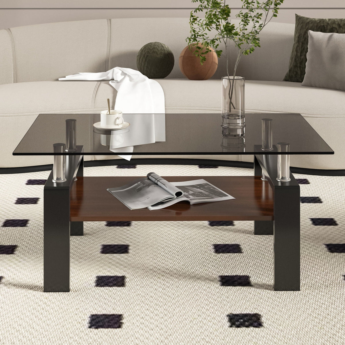 Modern rectangular coffee table with glass top, chrome legs, and dark brown storage shelf on Tampa Home & Garden Store
