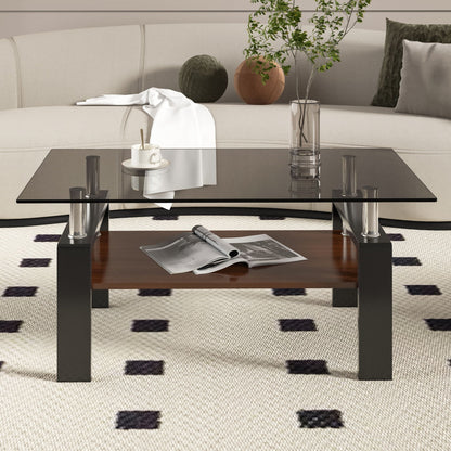 Modern rectangular coffee table with glass top, chrome legs, and dark brown storage shelf on Tampa Home & Garden Store