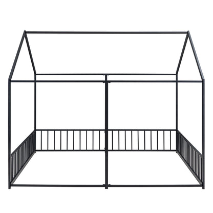 Platform bed frame for two shared beds by HouseOfZazla with guardrails, black metal on Tampa Home & Garden Store