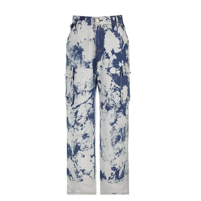 Washed tie-dye high-waist straight jeans with cargo pockets in blue white FLIPSTYLEZLLC on Tampa Home & Garden Store