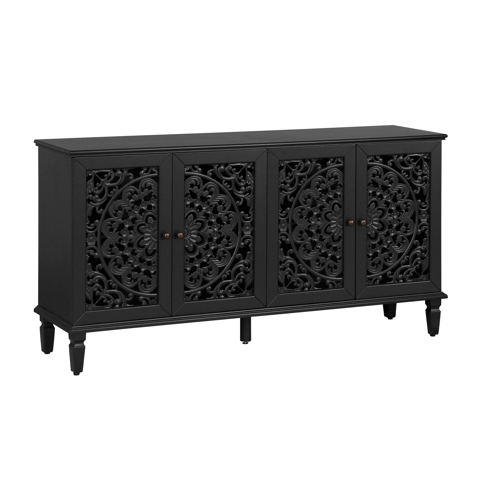 60-inch antique black buffet cabinet with ornate floral lattice panel doors on Tampa Home & Garden Store