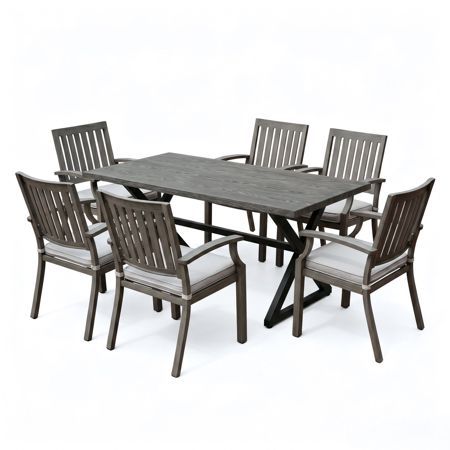 7-Piece Outdoor Dining Set with Aluminum Chairs, gray finish, 6 padded chairs on Tampa Home & Garden Store