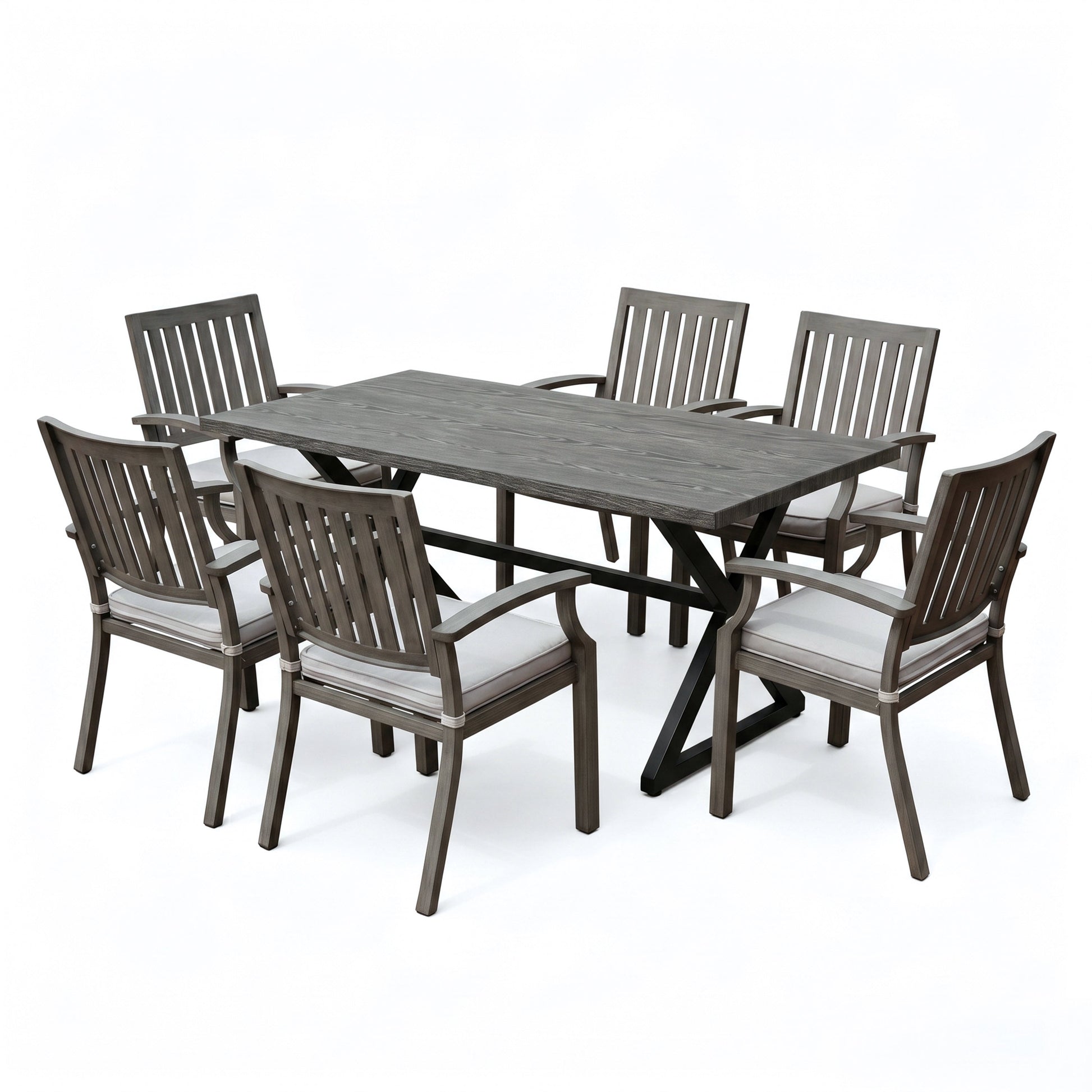7-Piece Outdoor Dining Set with Aluminum Chairs, gray finish, 6 padded chairs on Tampa Home & Garden Store