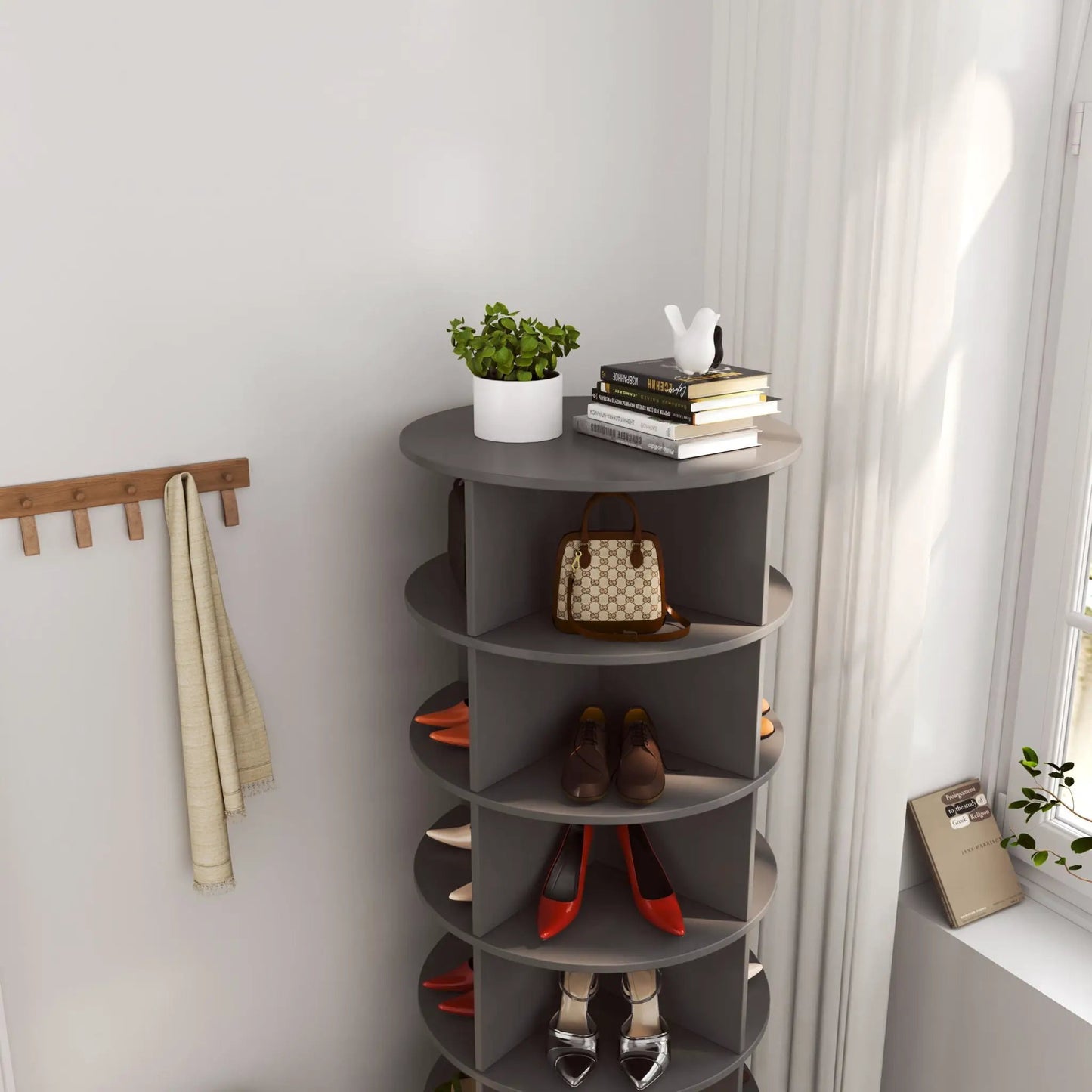 360 Rotating Shoe Cabinet 6 Layers gray finish with multiple shoe pairs on circular shelves on Tampa Home & Garden Store