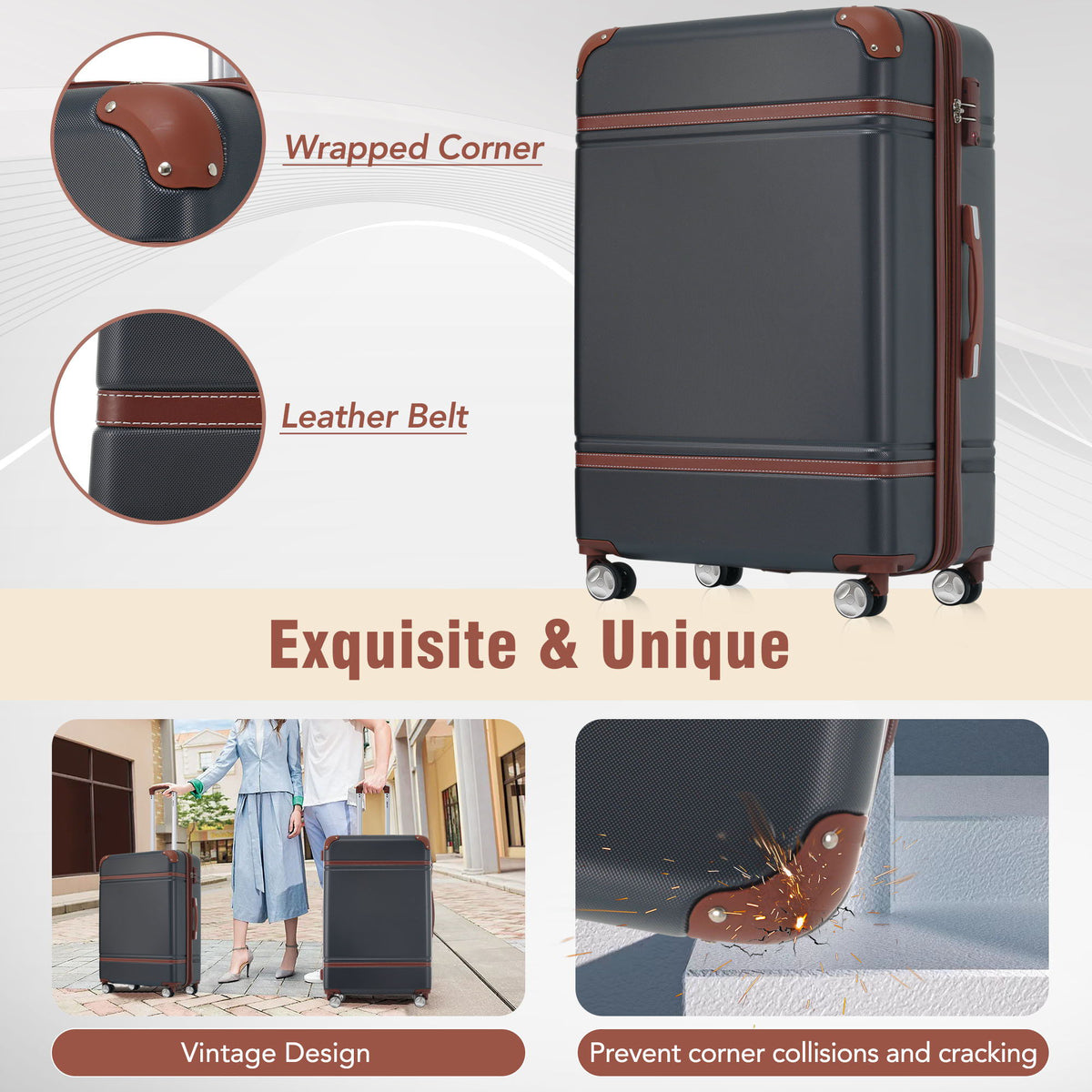 Hardshell luggage 3-pc 20/24in with dark blue shell, brown leather trim, spinner wheels, TSA lock on Tampa Home & Garden Store