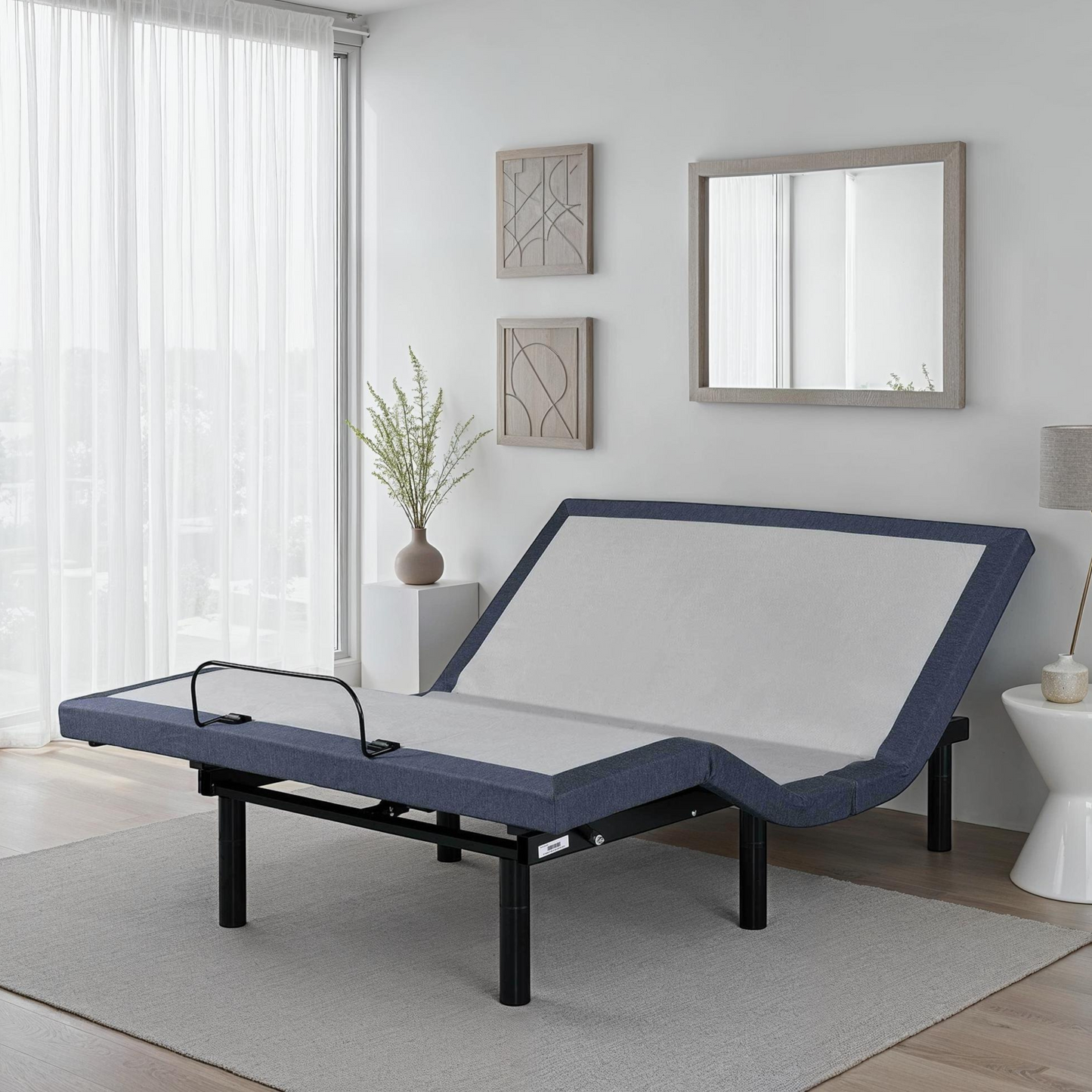 Twin XL adjustable bed base by HouseOfZazla with massage, gray-blue fabric and raised sections on Tampa Home & Garden Store