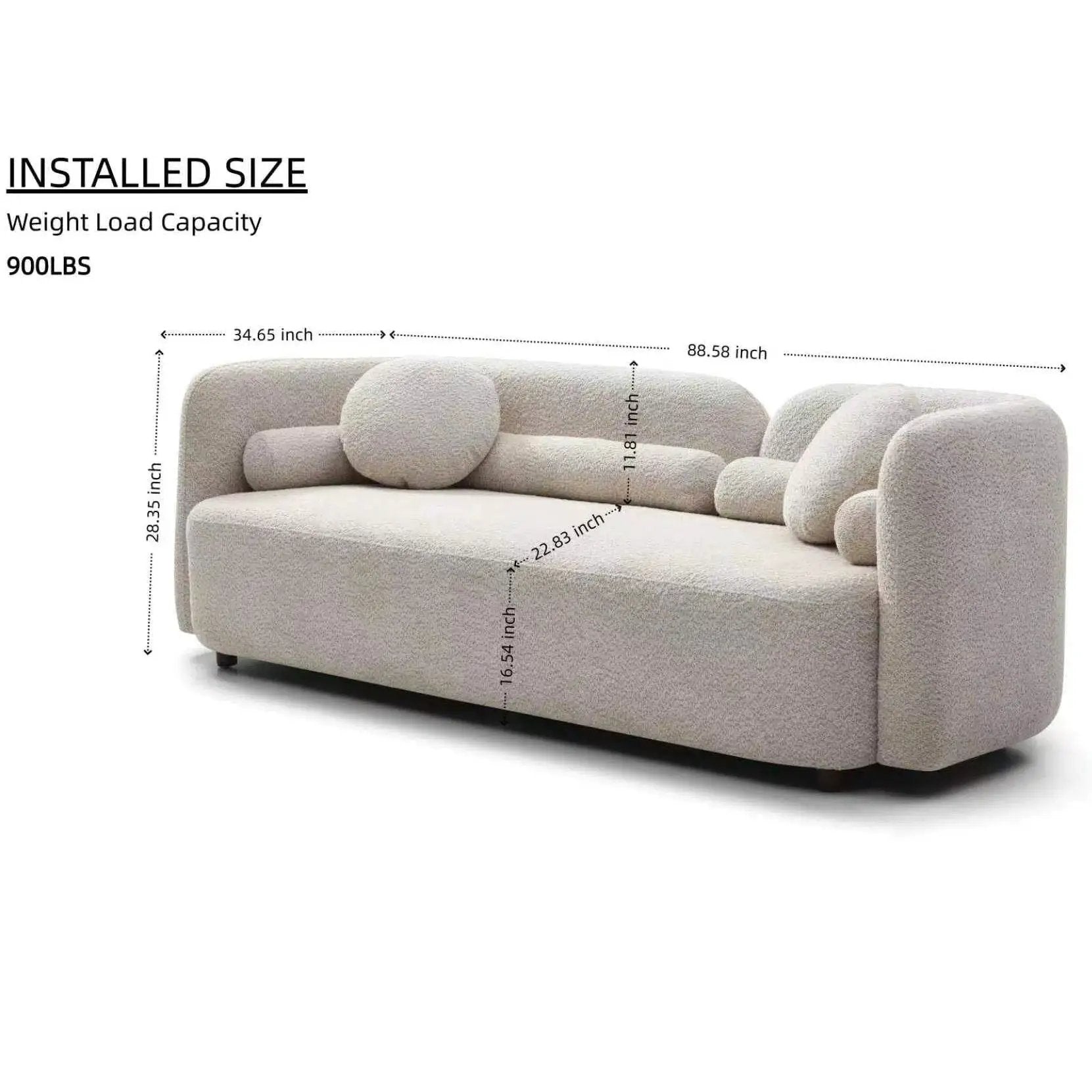 Luxury modern 3 seater couch in beige boucle fabric with curved arms and bolster cushions on Tampa Home & Garden Store