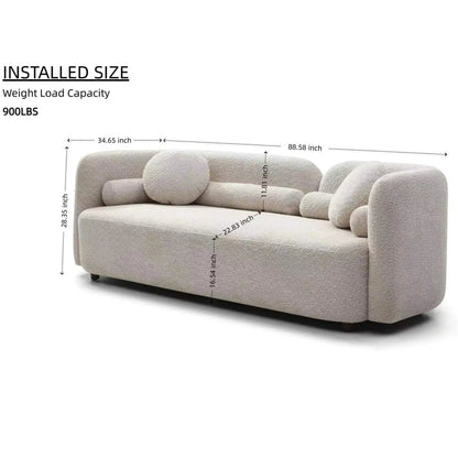 Luxury modern 3 seater couch in beige boucle fabric with curved arms and bolster cushions on Tampa Home & Garden Store