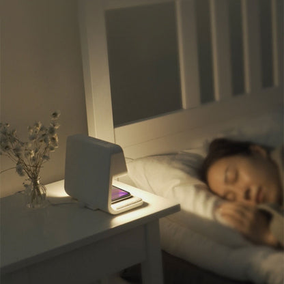 Perfecsy white 3-in-1 bedside lamp with wireless charging pad and LCD alarm clock on nightstand on Tampa Home & Garden Store