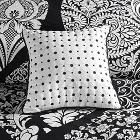 7 Piece Cotton Printed Comforter Set with white pillow and black polka dots across damask bedding on Tampa Home & Garden Store