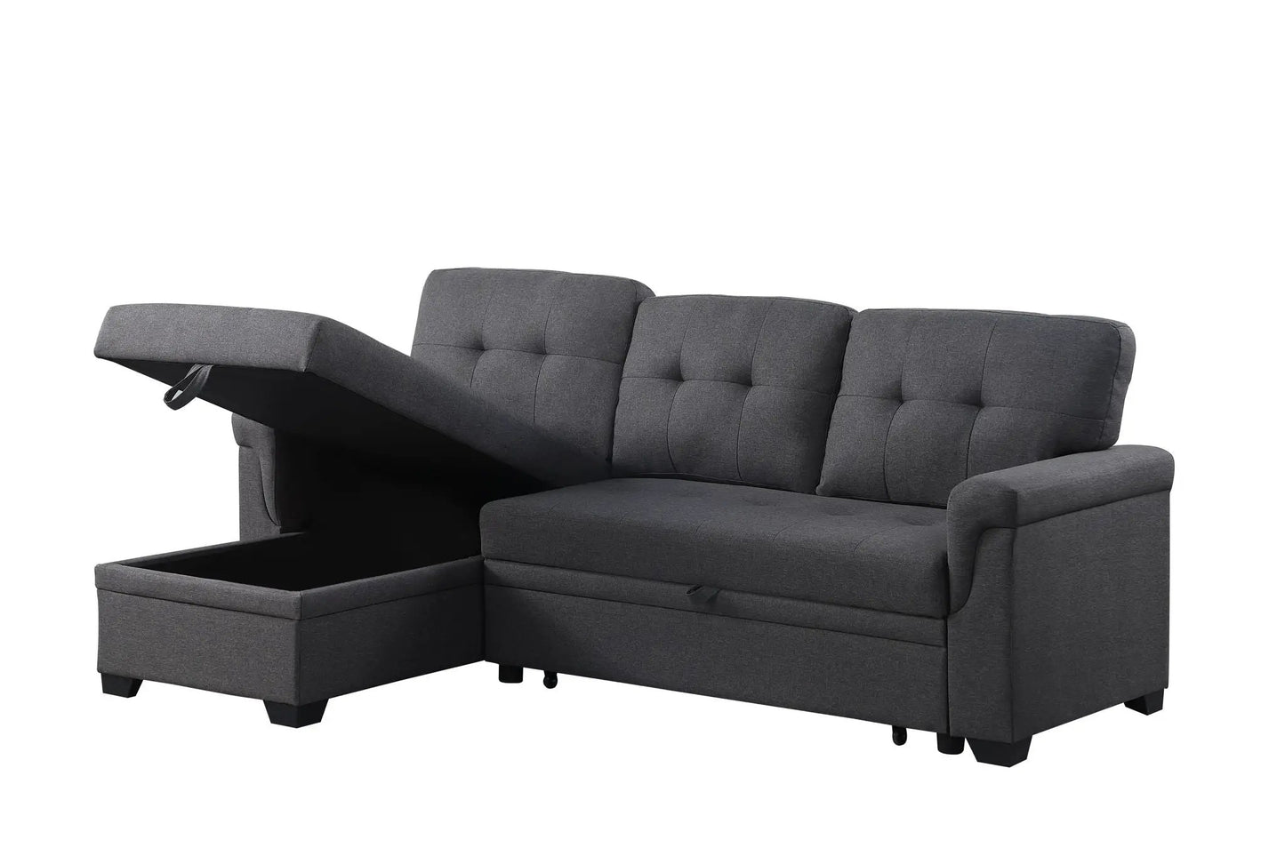 Lucca reversible sleeper sectional sofa with storage chaise in dark gray fabric tufted on Tampa Home & Garden Store